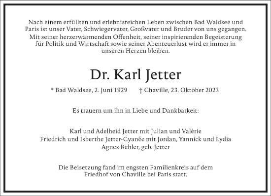 Traueranzeige von Karl Jetter von Frankfurter Allgemeine Zeitung