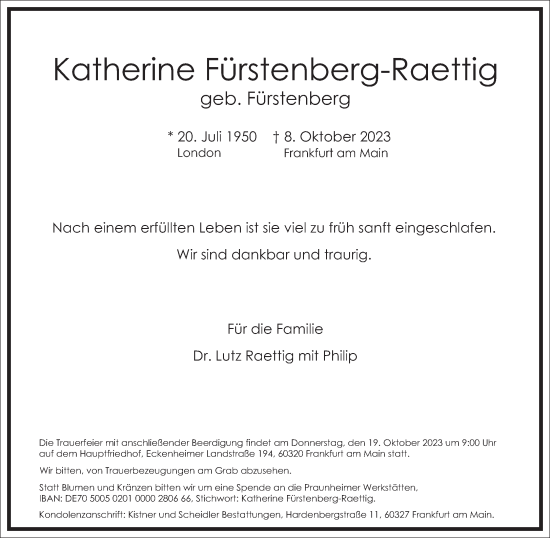 Traueranzeige von Katherine Fürstenberg-Raettig von Frankfurter Allgemeine Zeitung