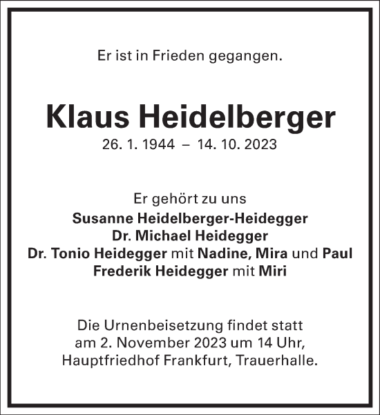 Traueranzeige von Klaus Heidelberger von Frankfurter Allgemeine Zeitung