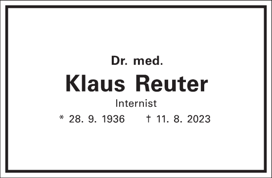 Traueranzeige von Klaus Reuter von Frankfurter Allgemeine Zeitung