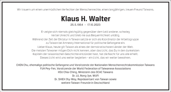 Traueranzeige von Klaus Heinrich Walter von Frankfurter Allgemeine Zeitung