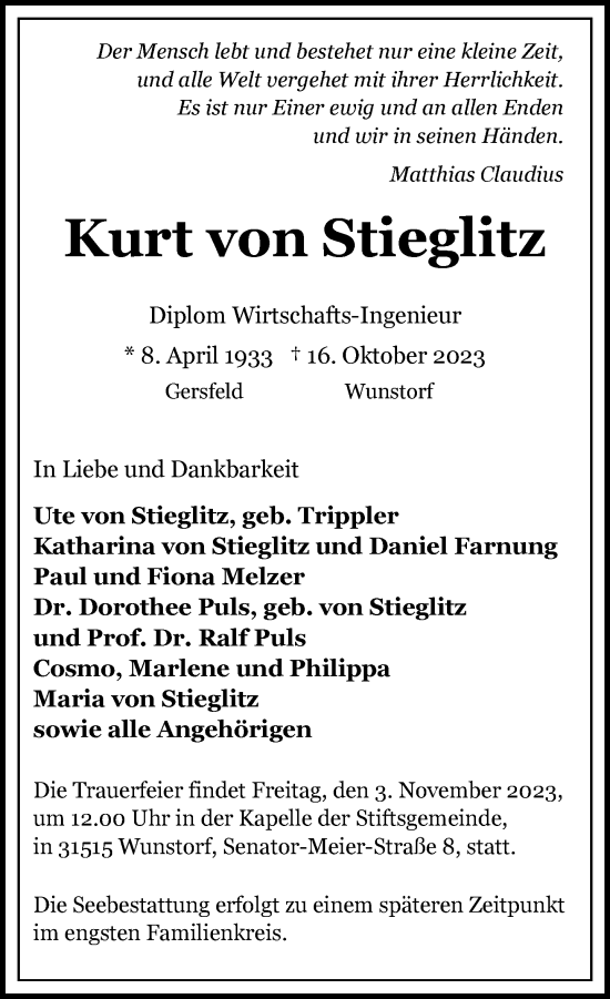 Traueranzeige von Kurt von Stieglitz von Frankfurter Allgemeine Zeitung