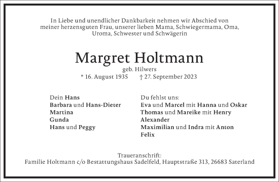 Traueranzeige von Margret Holtmann von Frankfurter Allgemeine Zeitung