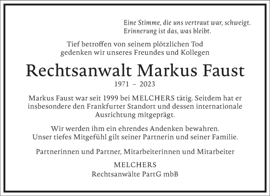 Traueranzeige von Markus Faust von Frankfurter Allgemeine Zeitung