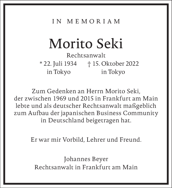 Traueranzeige von Morito Seki von Frankfurter Allgemeine Zeitung