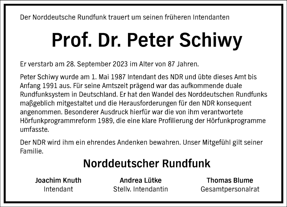  Traueranzeige für Peter Schiwy vom 07.10.2023 aus Frankfurter Allgemeine Zeitung