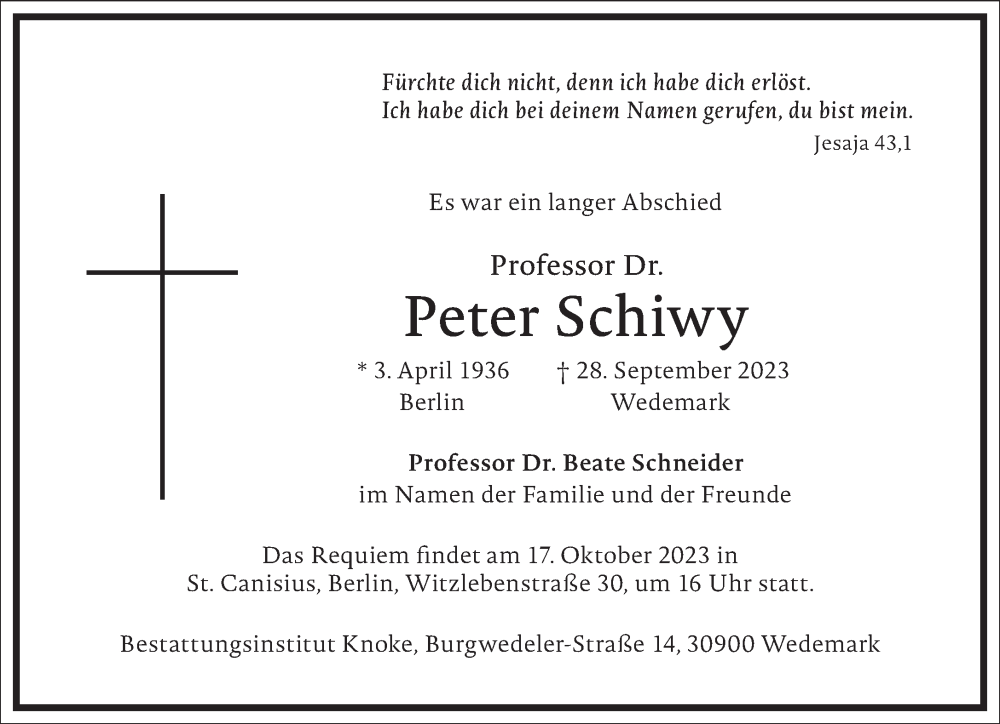  Traueranzeige für Peter Schiwy vom 07.10.2023 aus Frankfurter Allgemeine Zeitung