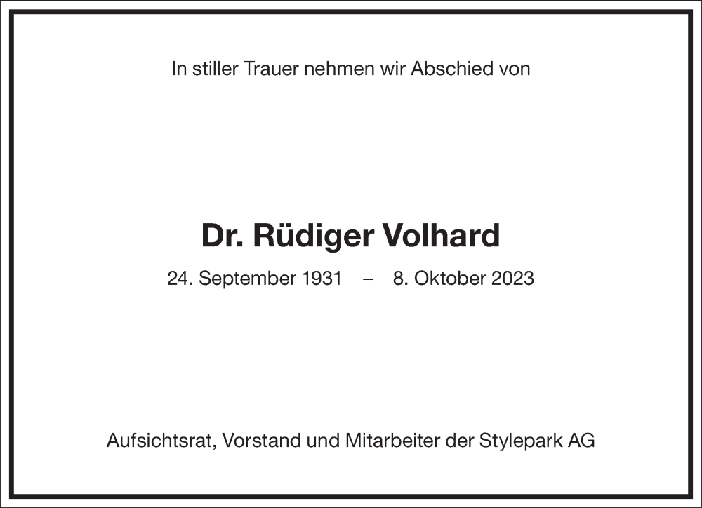  Traueranzeige für Rüdiger Volhard vom 14.10.2023 aus Frankfurter Allgemeine Zeitung