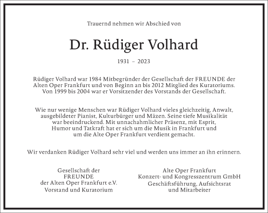 Traueranzeige von Rüdiger Volhard von Frankfurter Allgemeine Zeitung