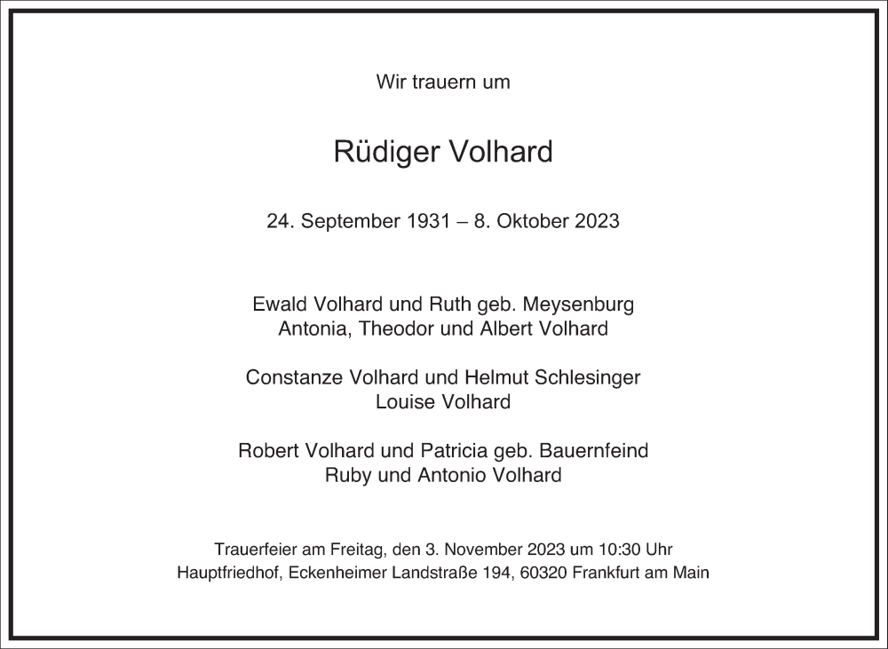  Traueranzeige für Rüdiger Volhard vom 14.10.2023 aus Frankfurter Allgemeine Zeitung