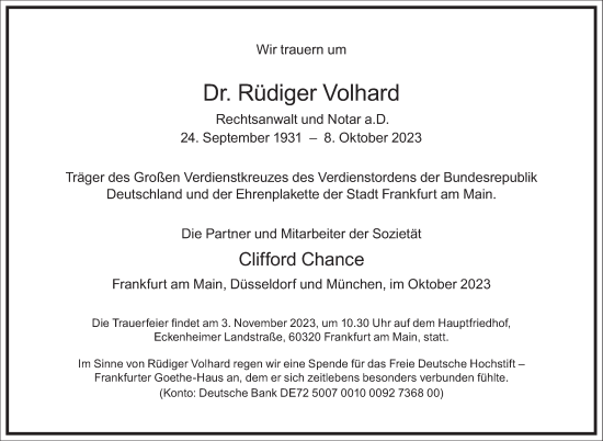 Traueranzeige von Rüdiger Volhard von Frankfurter Allgemeine Zeitung