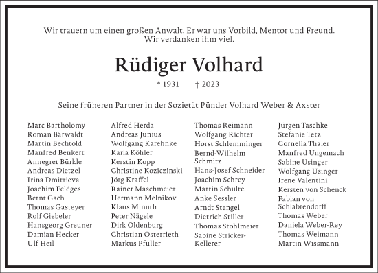 Traueranzeige von Rüdiger Volhard von Frankfurter Allgemeine Zeitung