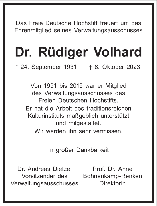 Traueranzeige von Rüdiger Volhard von Frankfurter Allgemeine Zeitung