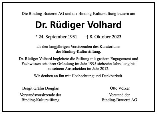 Traueranzeige von Rüdiger Volhard von Frankfurter Allgemeine Zeitung