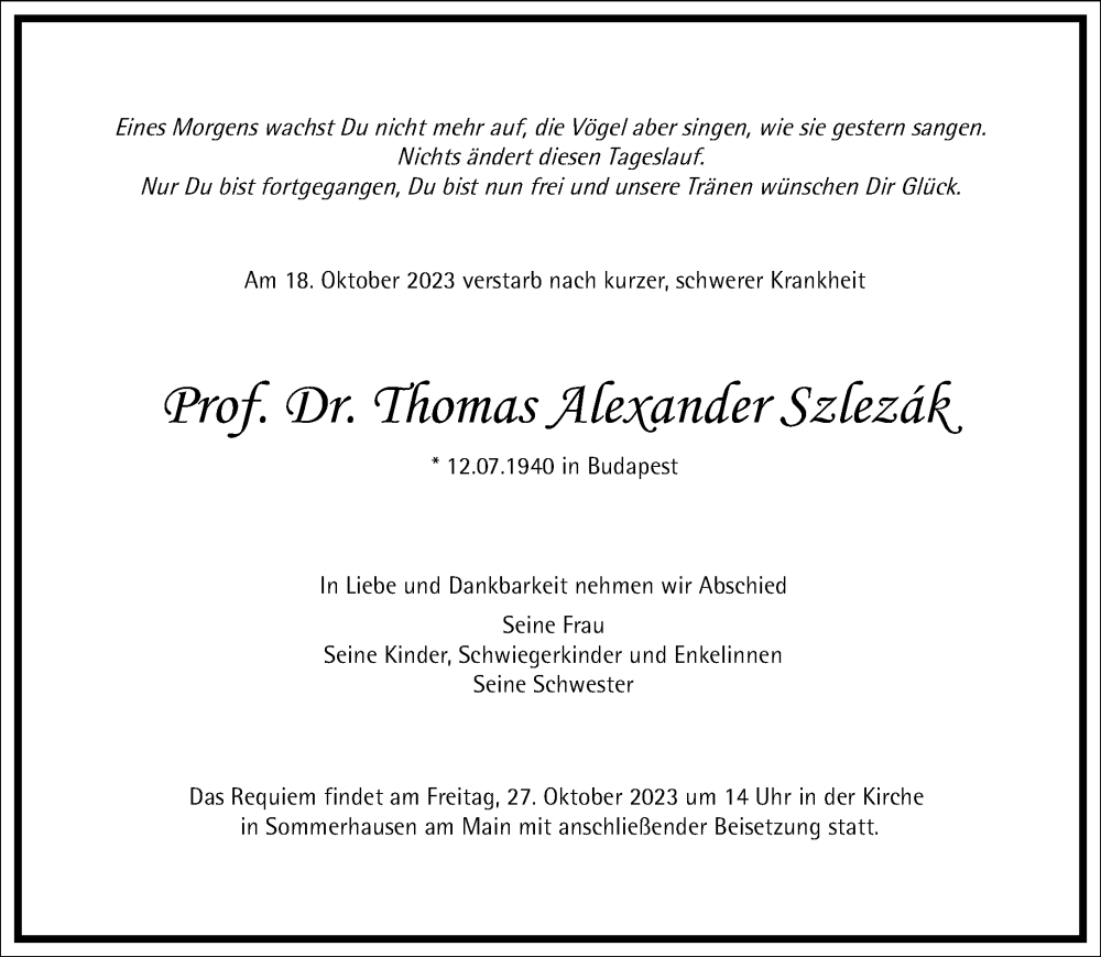  Traueranzeige für Thomas Alexander Szlezák vom 25.10.2023 aus Frankfurter Allgemeine Zeitung
