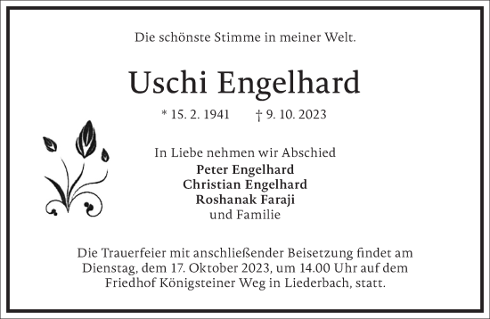 Traueranzeige von Uschi Engelhard von Frankfurter Allgemeine Zeitung