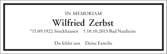 Traueranzeige von Wilfried Zerbst von Frankfurter Allgemeine Zeitung