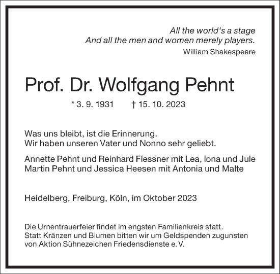 Traueranzeige von Wolfgang Pehnt von Frankfurter Allgemeine Zeitung