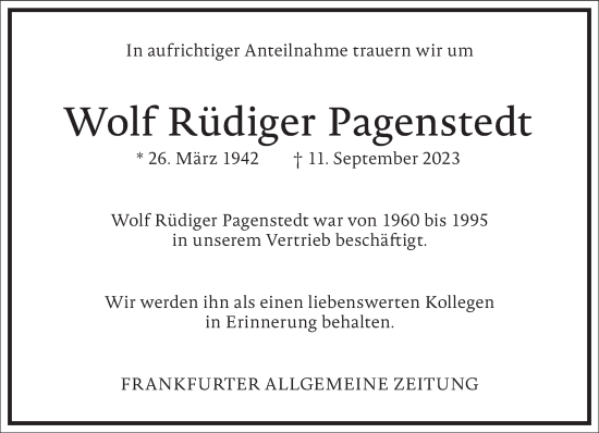 Traueranzeige von Wolf Rüdiger Pagenstedt von Frankfurter Allgemeine Zeitung