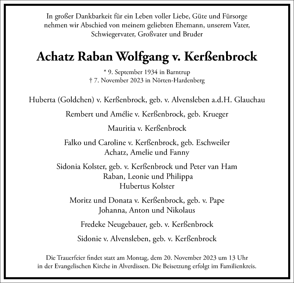  Traueranzeige für Achatz Raban Wolfgang v. Kerßenbrock vom 18.11.2023 aus Frankfurter Allgemeine Zeitung