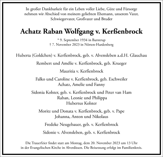 Traueranzeige von Achatz Raban Wolfgang v. Kerßenbrock von Frankfurter Allgemeine Zeitung