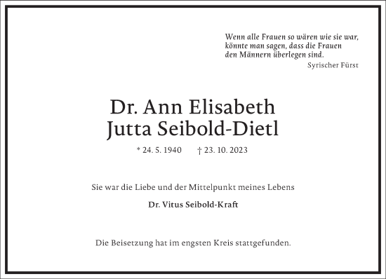 Traueranzeige von Ann Elisabeth Jutta Seibold-Dietl von Frankfurter Allgemeine Zeitung