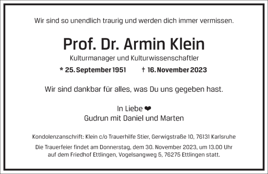Traueranzeige von Armin Klein von Frankfurter Allgemeine Zeitung