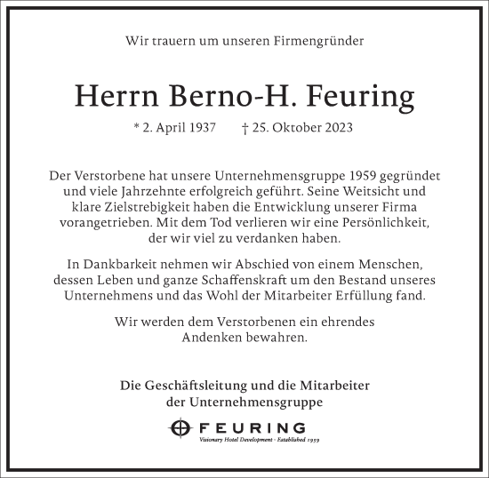 Traueranzeige von Berno-H. Feuring von Frankfurter Allgemeine Zeitung