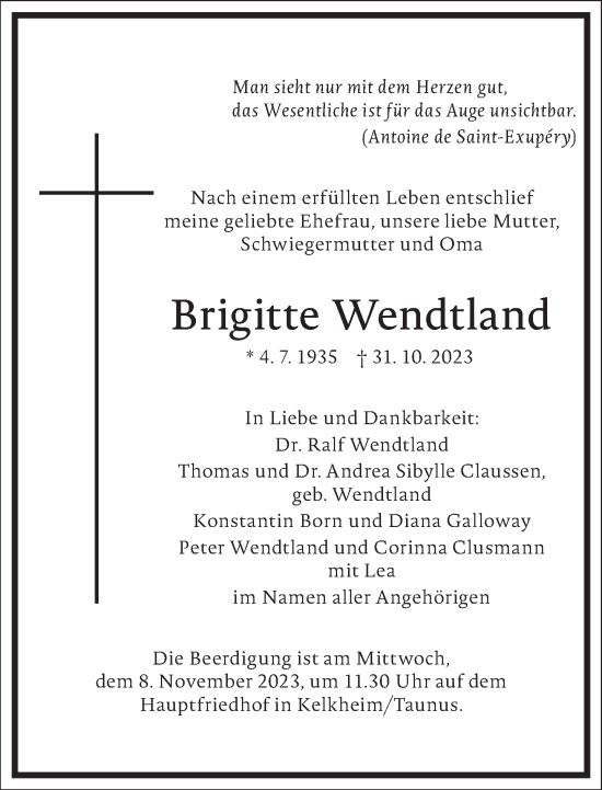 Traueranzeige von Brigitte Wendtland von Frankfurter Allgemeine Zeitung