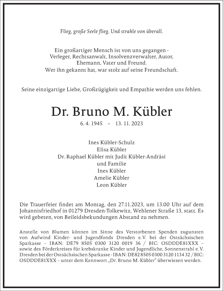  Traueranzeige für Bruno M. Kübler vom 18.11.2023 aus Frankfurter Allgemeine Zeitung