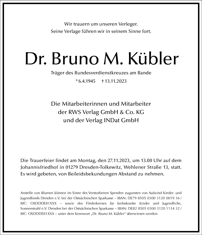  Traueranzeige für Bruno M. Kübler vom 22.11.2023 aus Frankfurter Allgemeine Zeitung