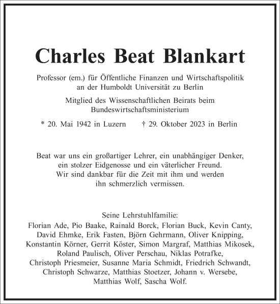 Traueranzeige von Charles Beat Blankart von Frankfurter Allgemeine Zeitung