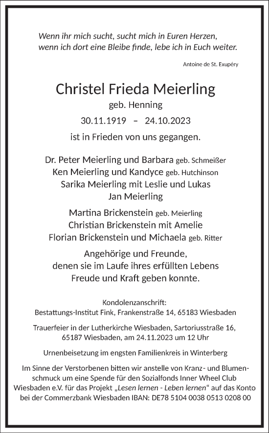 Traueranzeige von Christel Frieda Meierling von Frankfurter Allgemeine Zeitung