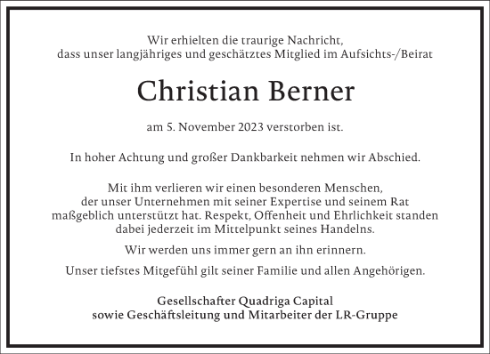 Traueranzeige von Christian Berner von Frankfurter Allgemeine Zeitung