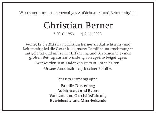 Traueranzeige von Christian Berner von Frankfurter Allgemeine Zeitung