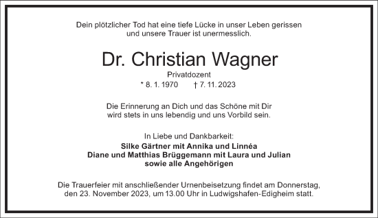 Traueranzeige von Christian Wagner von Frankfurter Allgemeine Zeitung