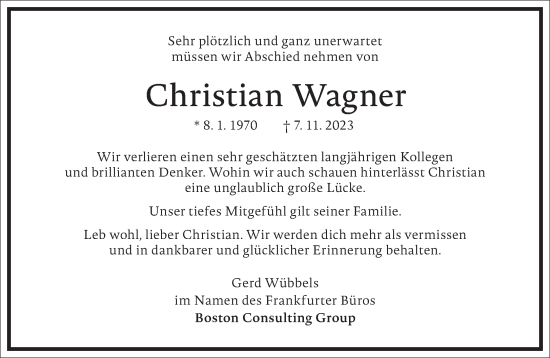 Traueranzeige von Christian Wagner von Frankfurter Allgemeine Zeitung