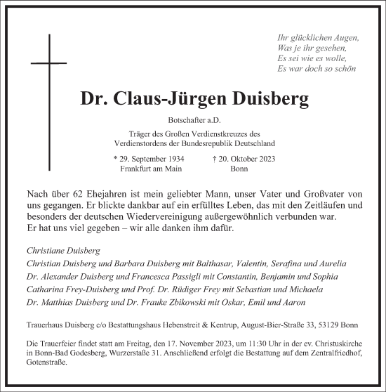 Traueranzeige von Claus-Jürgen Duisberg von Frankfurter Allgemeine Zeitung