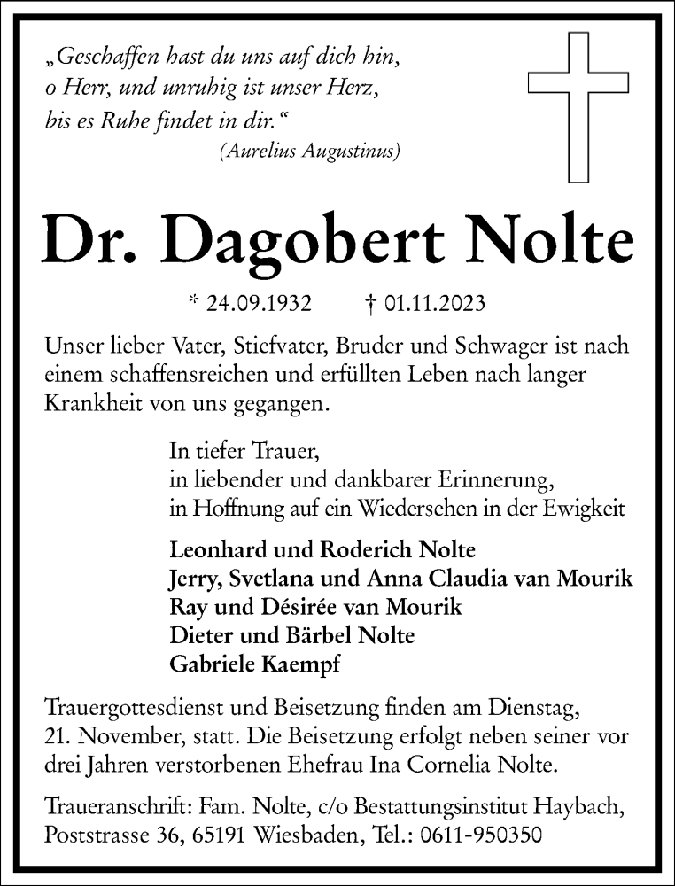  Traueranzeige für Dagobert Nolte vom 18.11.2023 aus Frankfurter Allgemeine Zeitung