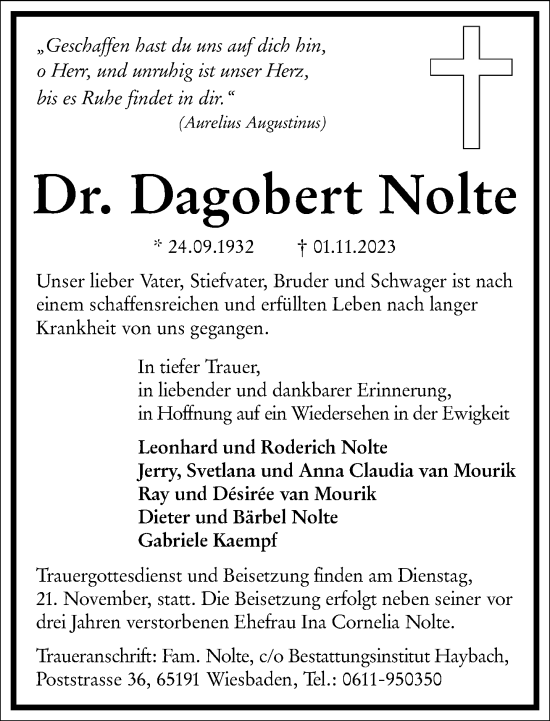 Traueranzeige von Dagobert Nolte von Frankfurter Allgemeine Zeitung