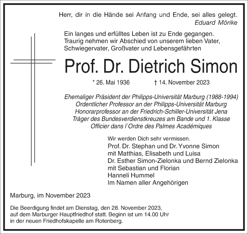  Traueranzeige für Dietrich Simon vom 18.11.2023 aus Frankfurter Allgemeine Zeitung