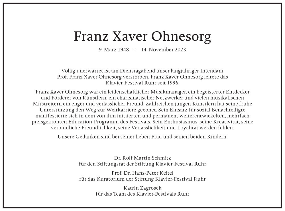  Traueranzeige für Franz Xaver Ohnesorg vom 18.11.2023 aus Frankfurter Allgemeine Zeitung