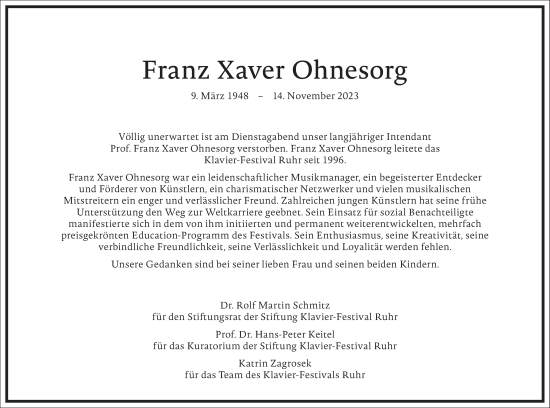 Traueranzeige von Franz Xaver Ohnesorg von Frankfurter Allgemeine Zeitung
