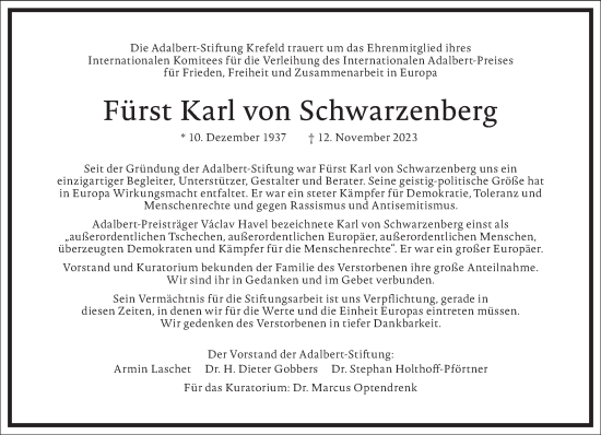 Traueranzeige von Fürst Karl von Schwarzenberg von Frankfurter Allgemeine Zeitung