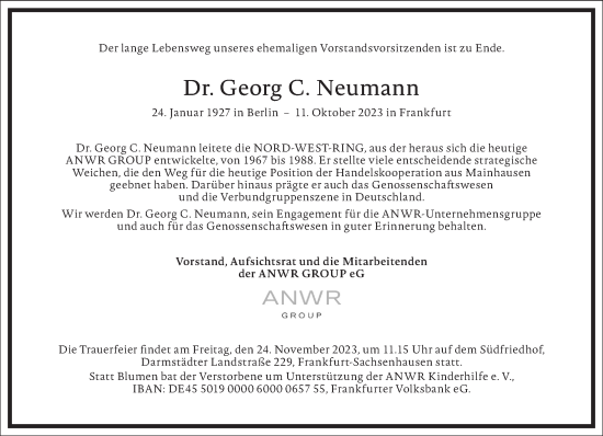 Traueranzeige von Georg C. Neumann von Frankfurter Allgemeine Zeitung