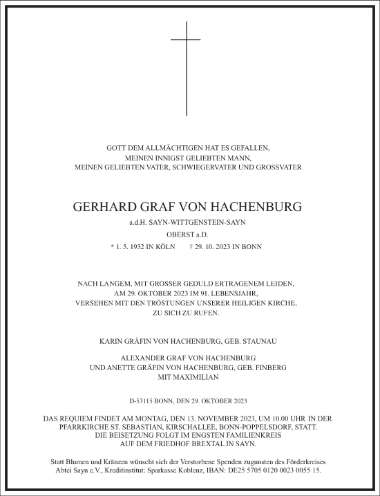 Traueranzeige von Gerhard Graf von Hachenburg von Frankfurter Allgemeine Zeitung