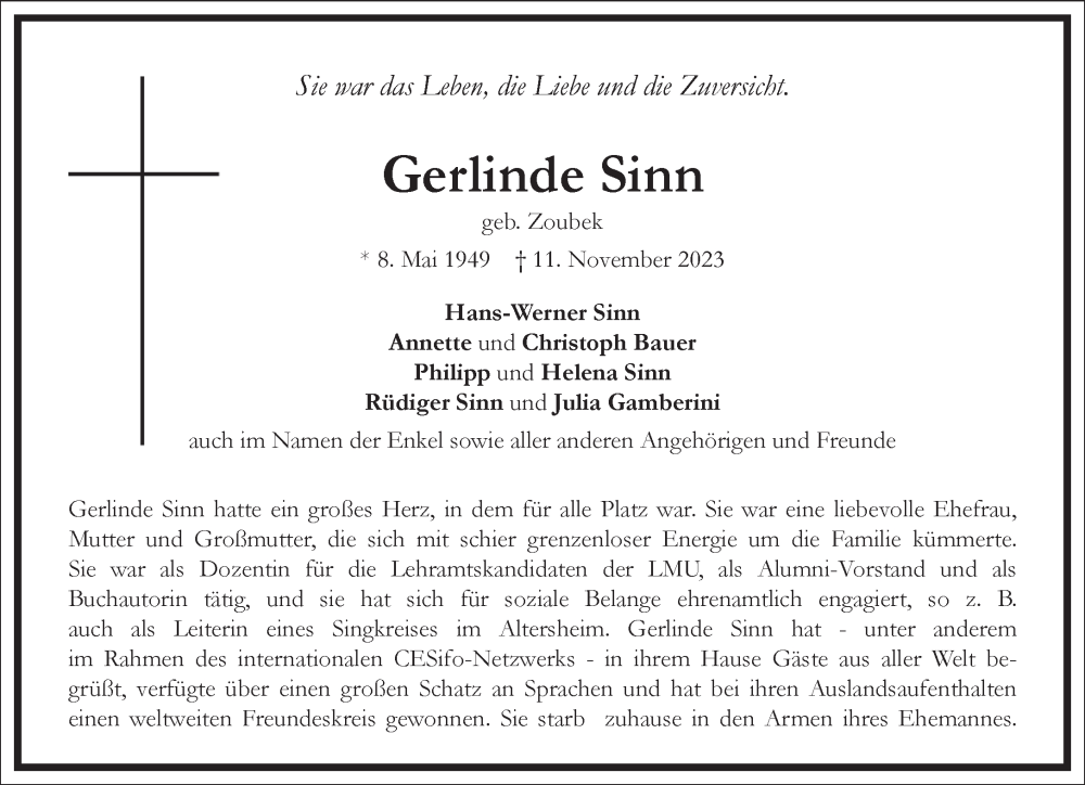  Traueranzeige für Gerlinde Sinn vom 16.11.2023 aus Frankfurter Allgemeine Zeitung