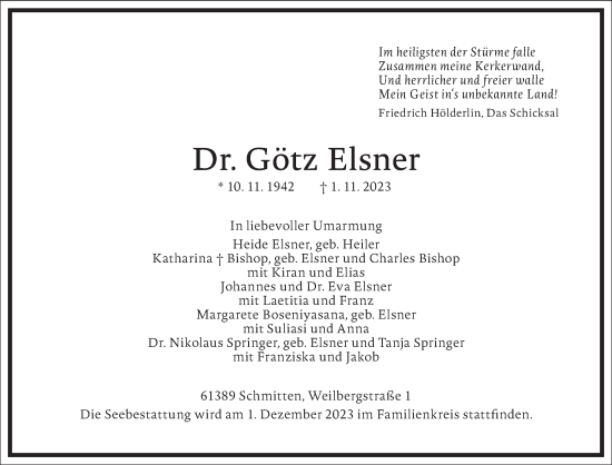 Traueranzeige von Götz Elsner von Frankfurter Allgemeine Zeitung