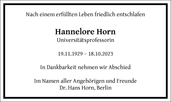 Traueranzeige von Hannelore Horn von Frankfurter Allgemeine Zeitung