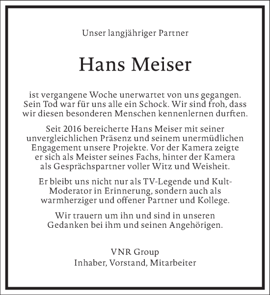 Traueranzeige von Hans Meiser von Frankfurter Allgemeine Zeitung